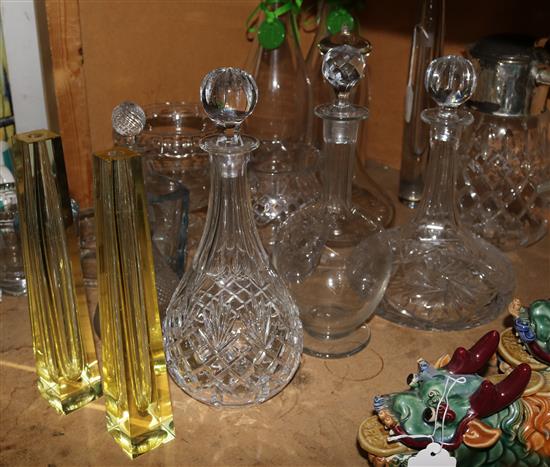 Pair of Strombergshyttan glass vases, various decanters, etc.